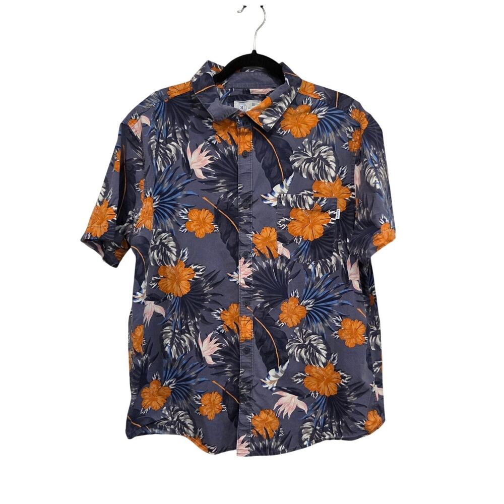 Hurley Hawaiian Shirt Blue Orange Tropical Floral Short Sleeve Mens Size XL